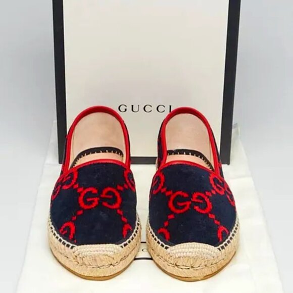 Gucci GG Logo Pilar Jute Espadrille Flat Blue Red Velvet - Picture 1 of 5